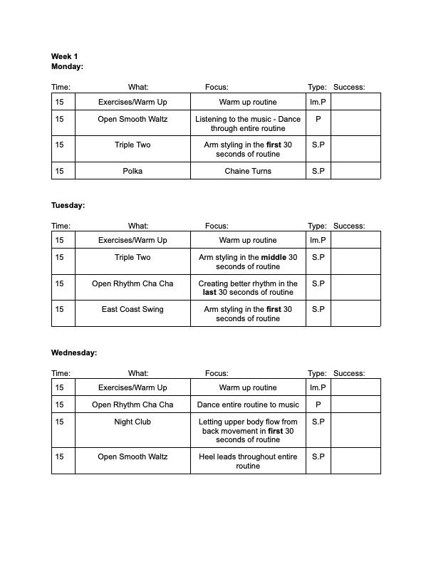 Week 1 Dance Practice Schedule